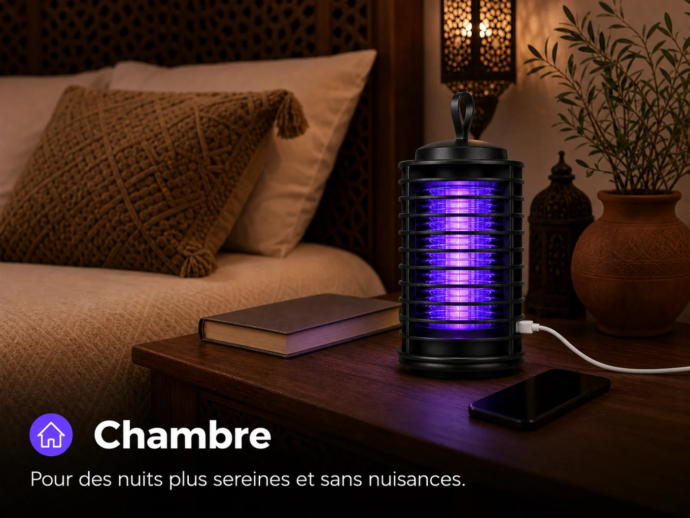 La lampe anti-moustiques allumée sur une table de chevet — idéale dans la chambre pour des nuits plus sereines.
