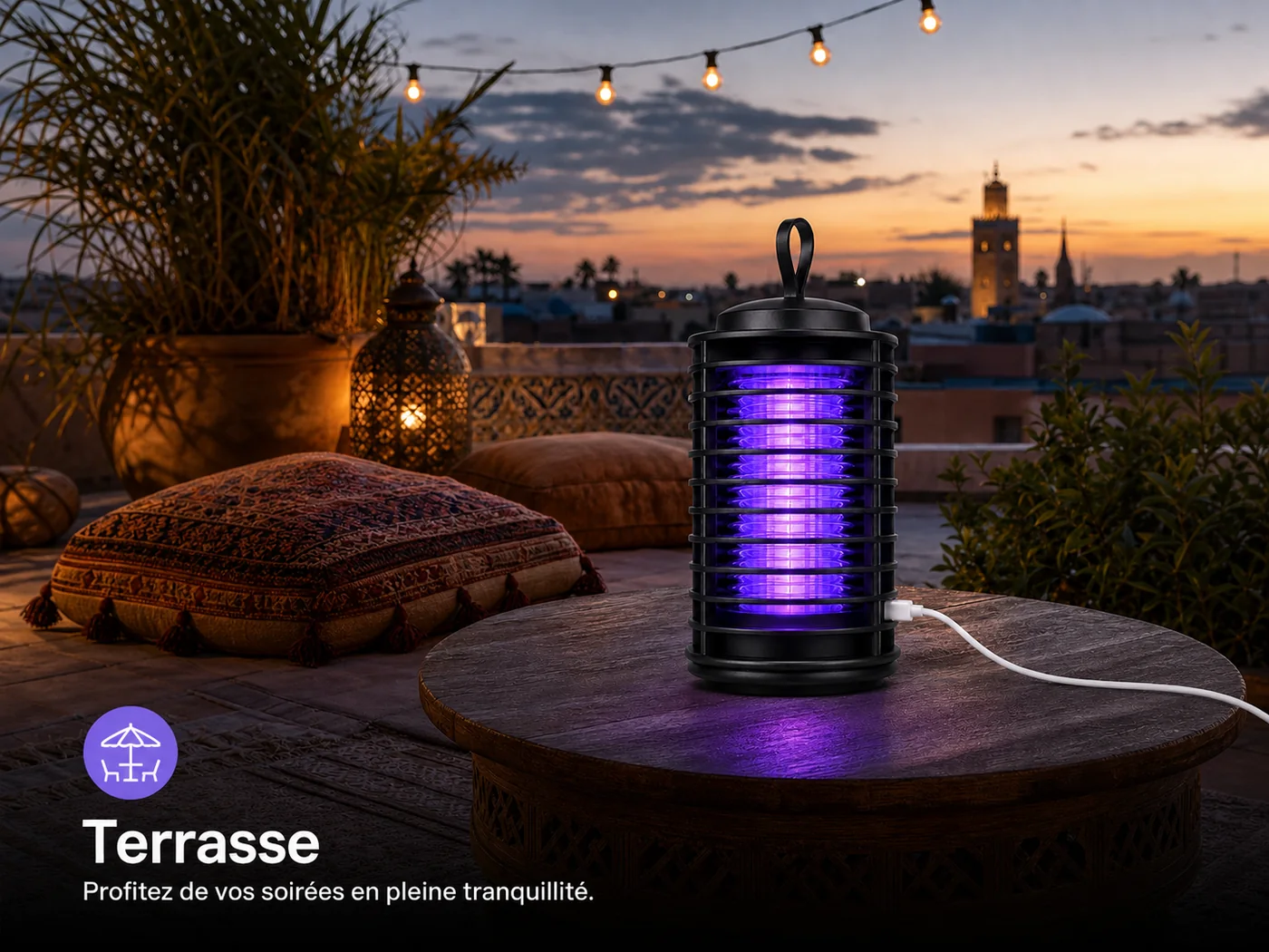 La lampe sur une terrasse au coucher du soleil — profitez de vos soirées en toute tranquillité.